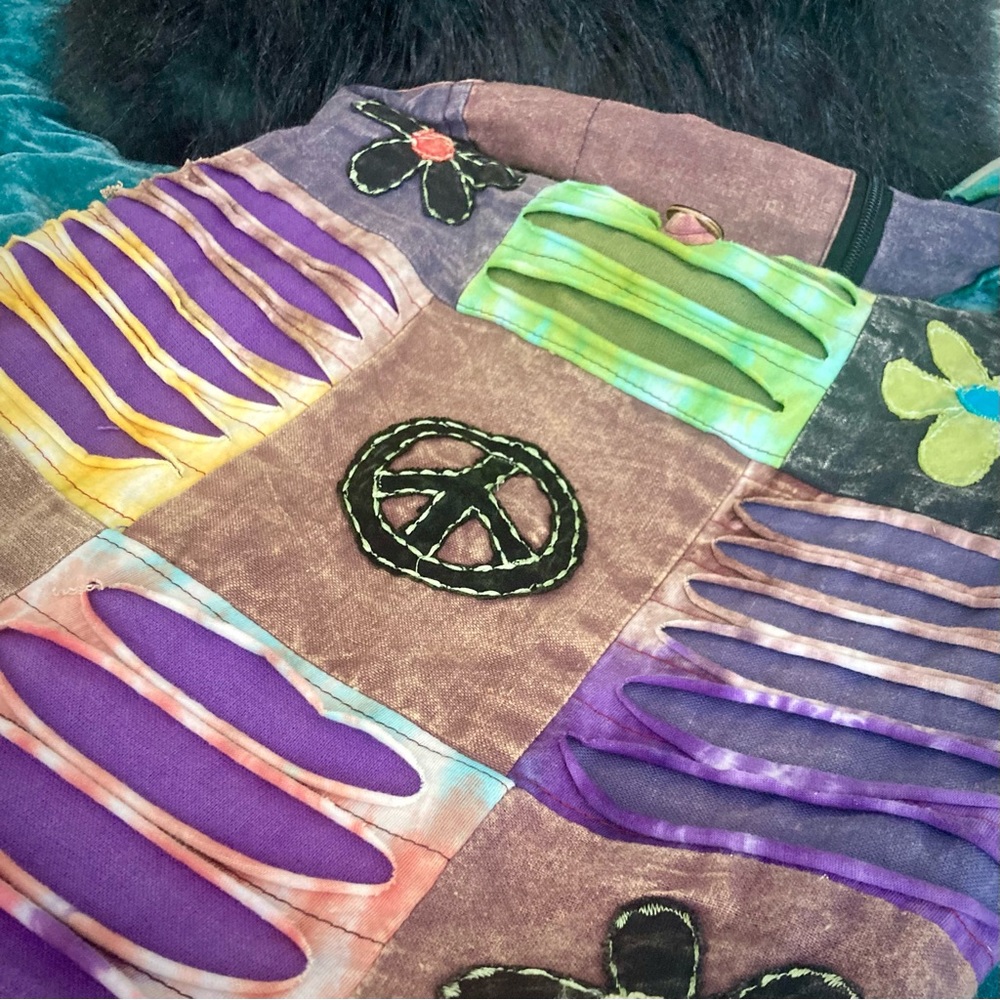 Cotton Nepalese purple patchwork peace sign boho flower slouch crossbody bag NEW